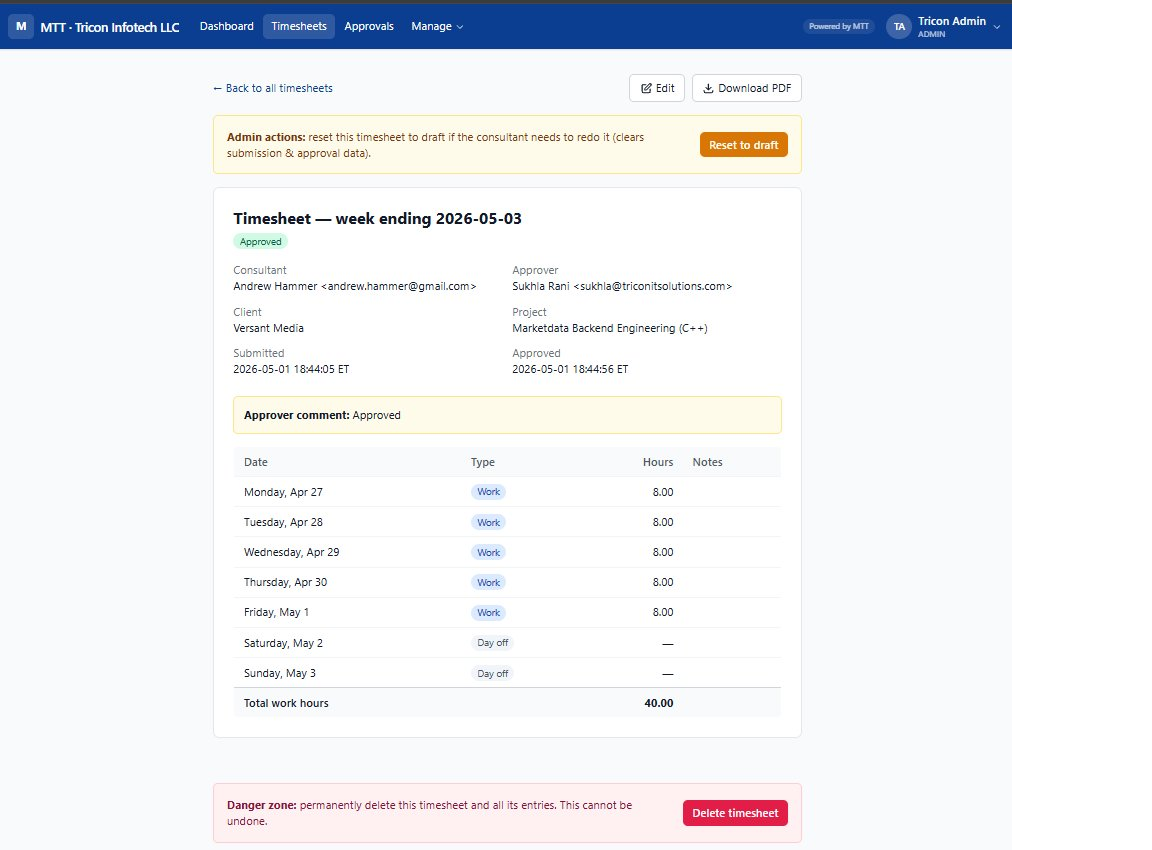 MTT approved timesheet view showing weekly hours, consultant and approver details, and approval status